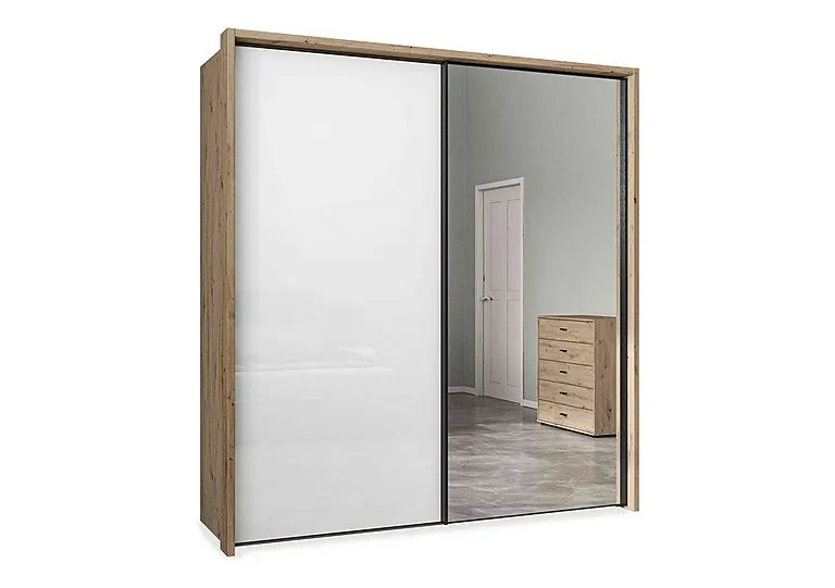 Dallas 210cm 2 Door Sliding Glass Wardrobe with Mirror Door - Bianco Oak and White