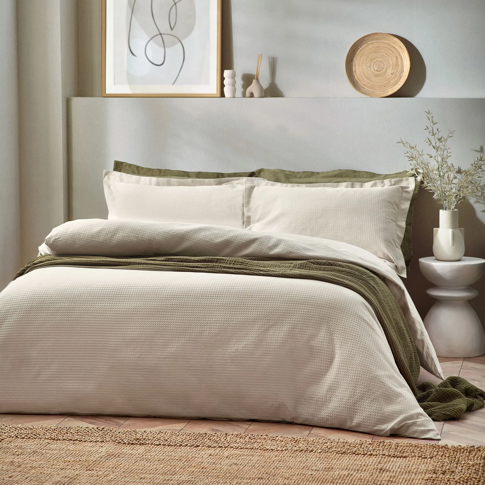 Yard Waffle Textured 100% Cotton Duvet Cover Set in Beige 1
