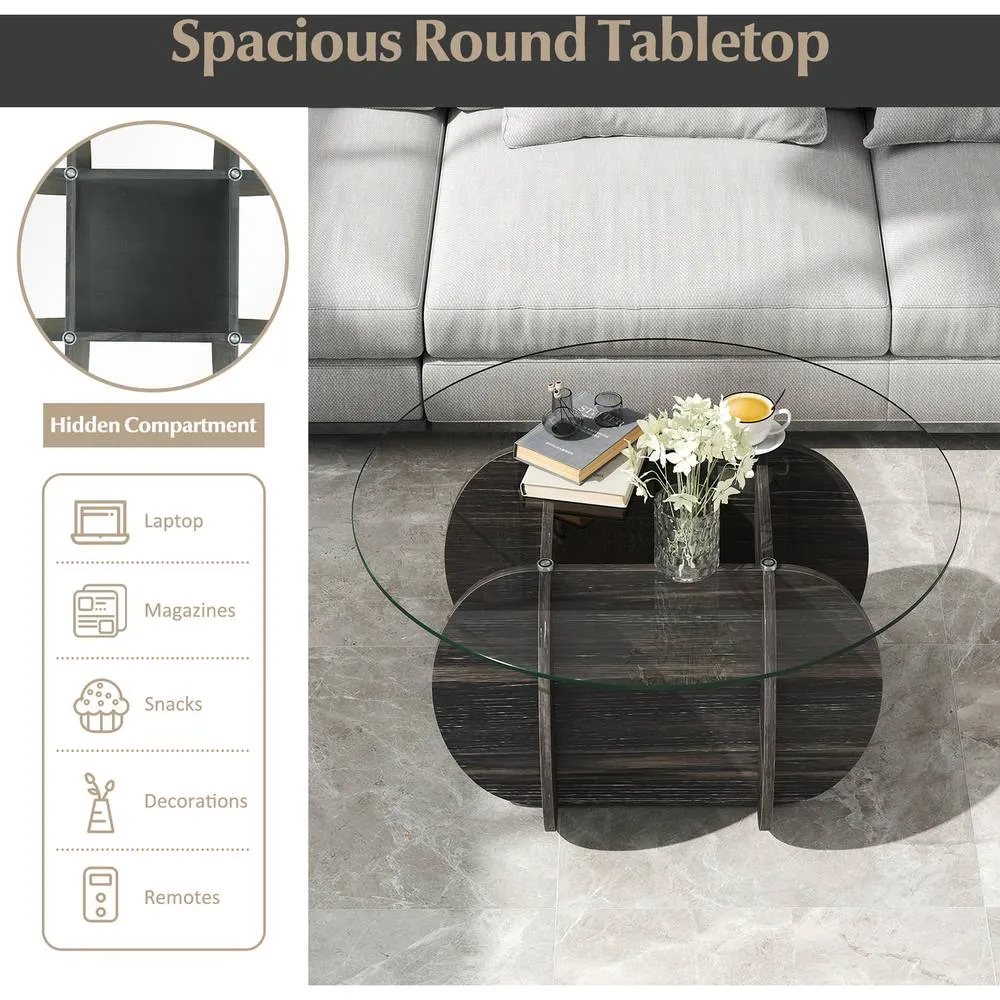 Costway 89cm Round Coffee Table Modern Accent Table-Dark Rustic Oak in Dark Grey 2