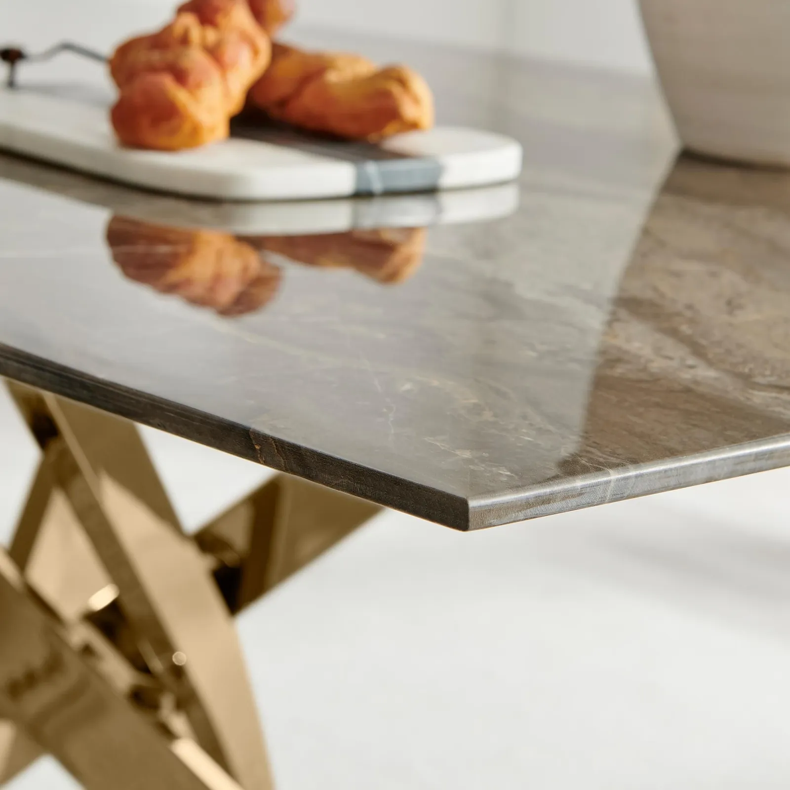 FurnitureboxUK Leonardo 6-Seater Dining Table With Marble Effect Glass Top & Gold Metal Legs in Dark Brown 4