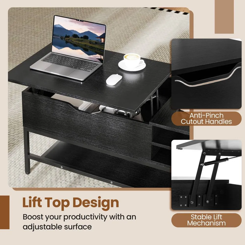Costway Lift Top Coffee Table Living Room Table w/ Storage Shelf-Black in Black 6