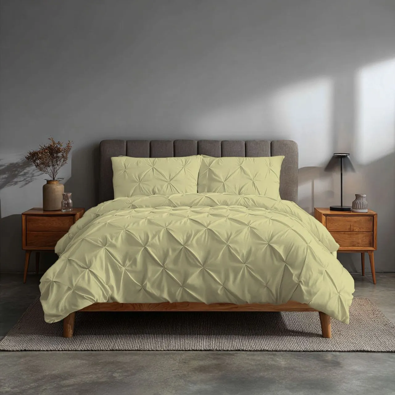 Snug City Pintuck Pinch Pleated Polycotton Duvet Cover & Pillowcase/s Set Bed Linen in Lemon
