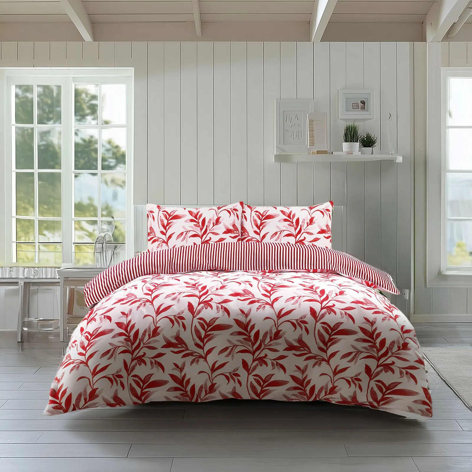 Snug City Duvet Cover & Pillowcase Set Reversible Leaf & Stripe Design Polycotton Bed Linen in Red