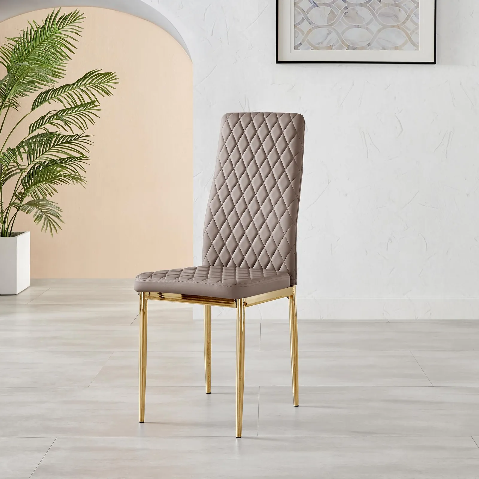 FurnitureboxUK Set of 4 Milan High Back Soft Touch Diamond Pattern Faux Leather Dining Chairs With Gold Chrome Metal Legs in Beige 4