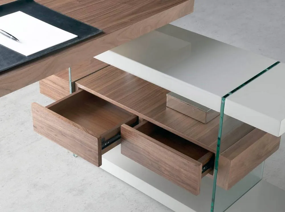 Angel Cerda Walnut-Veneer Writing Desk with Tempered Glass Legs in Brown 5