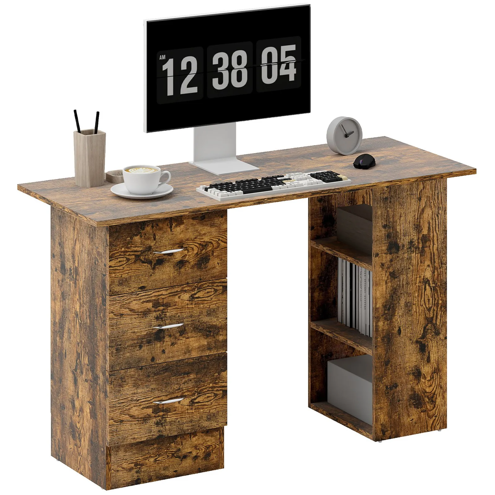 HOMCOM 120cm Computer Desk, Study Table with 3 Shelf & Drawers in Brown 2