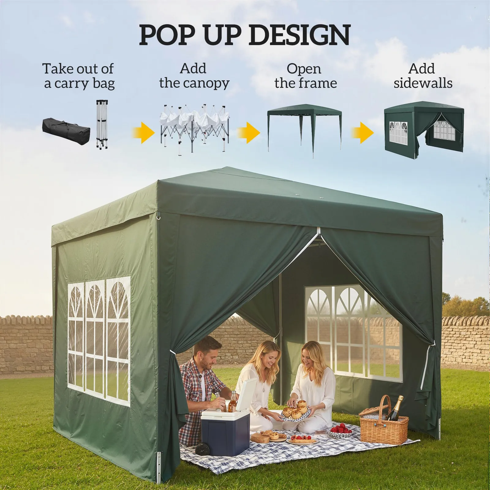 OUTSUNNY 3mx3m Pop Up Gazebo Party Tent Canopy Marquee with Storage Bag in Green 4