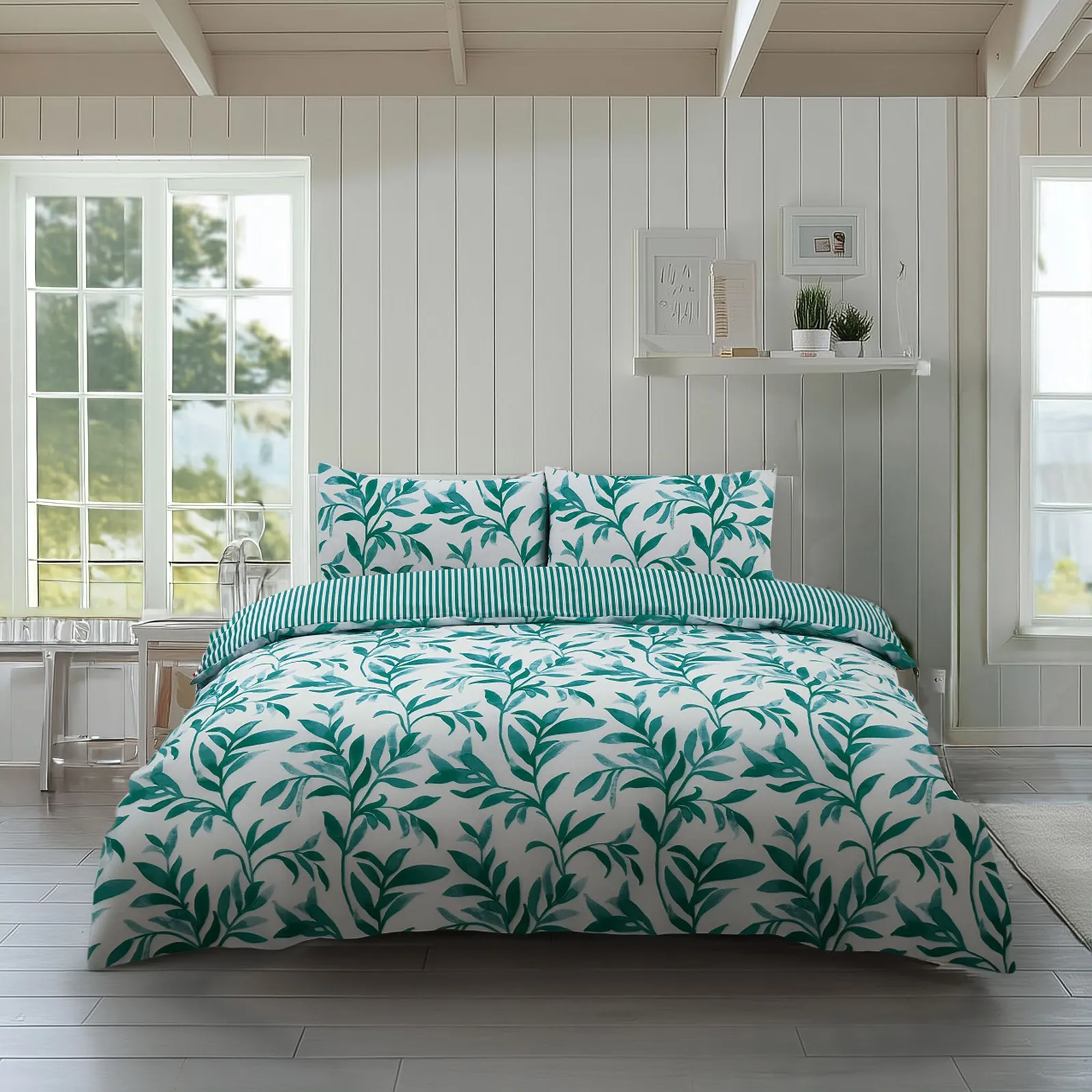 Snug City Duvet Cover & Pillowcase Set Reversible Leaf & Stripe Design Polycotton Bed Linen in Teal