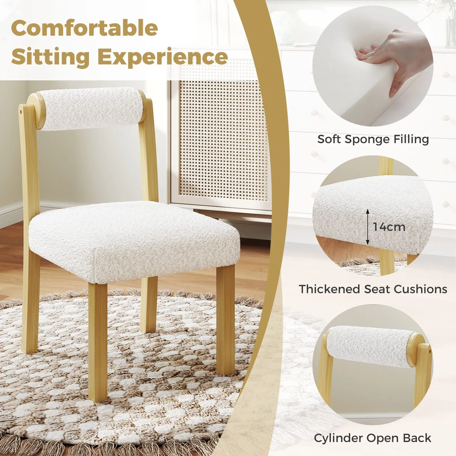 Costway Wooden Dining Chair Set of 2 Faux Sherpa Upholstered Chairs-White in White 3