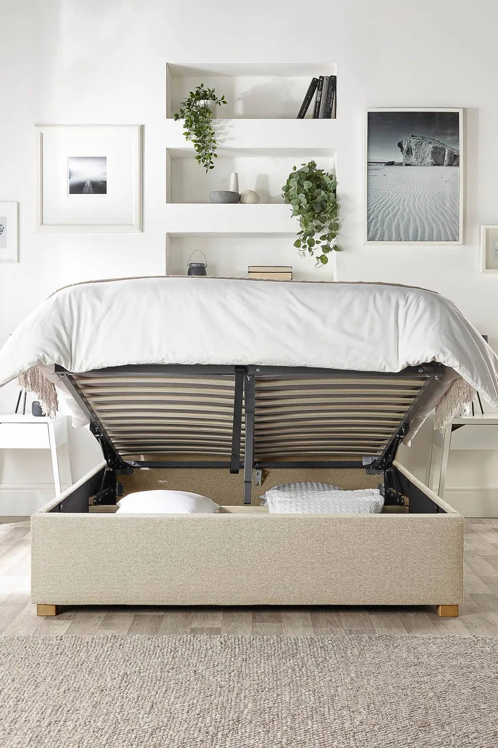 Catherine Lansfield Soho Ottoman Storage Wing Bed in Saxon Twill Fabric, Custom Made in Natural 2