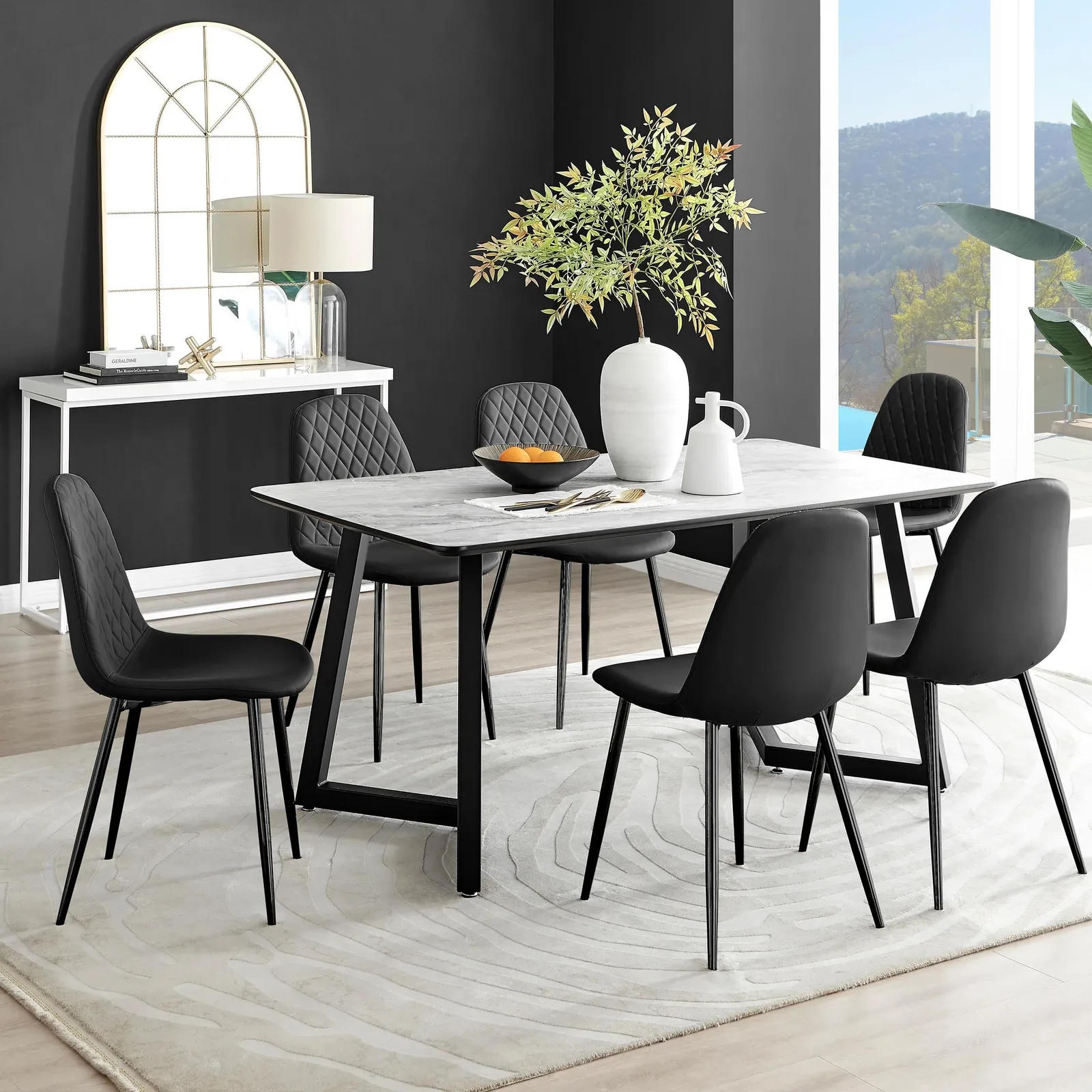 FurnitureboxUK Carson White Marble Effect Dining Table & 6 Corona Black Leg Chairs 1