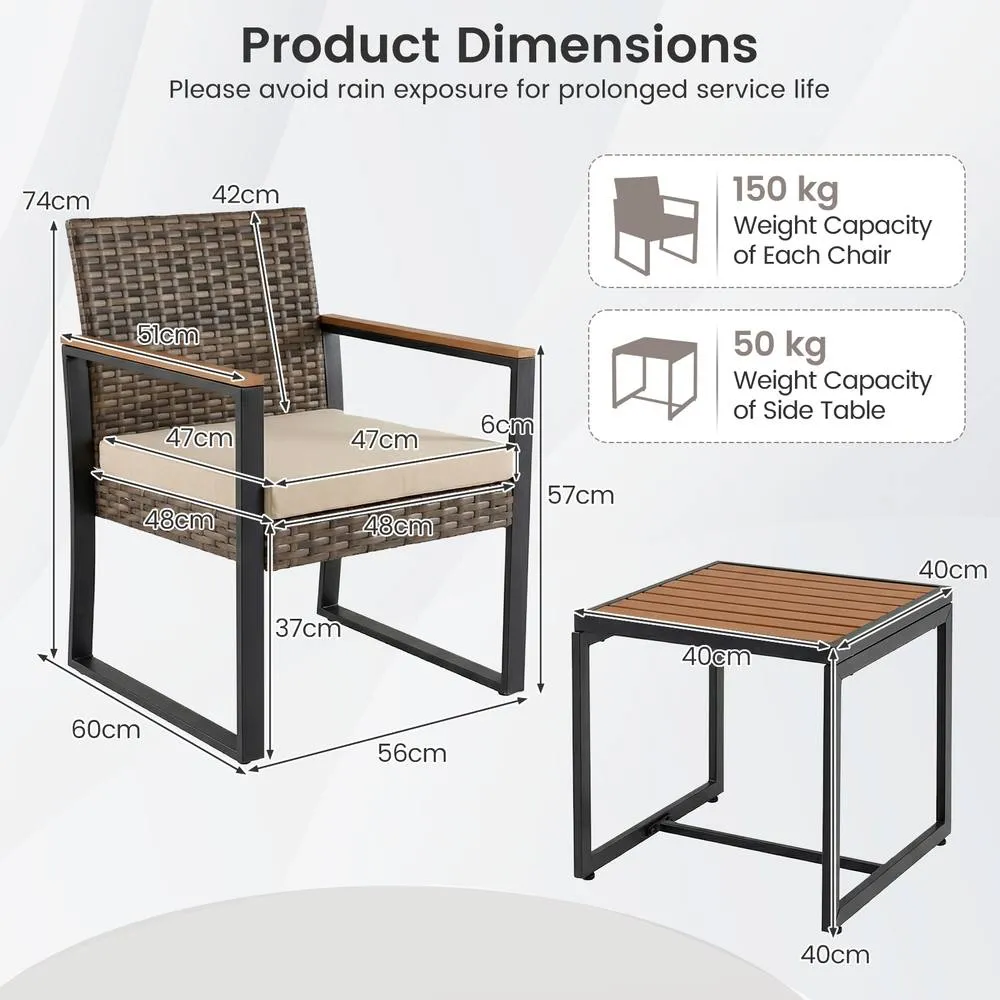 Costway 3PCS PE Wicker Patio Conversation Set Bistro Set w/Cushion &Side Table in Beige 2