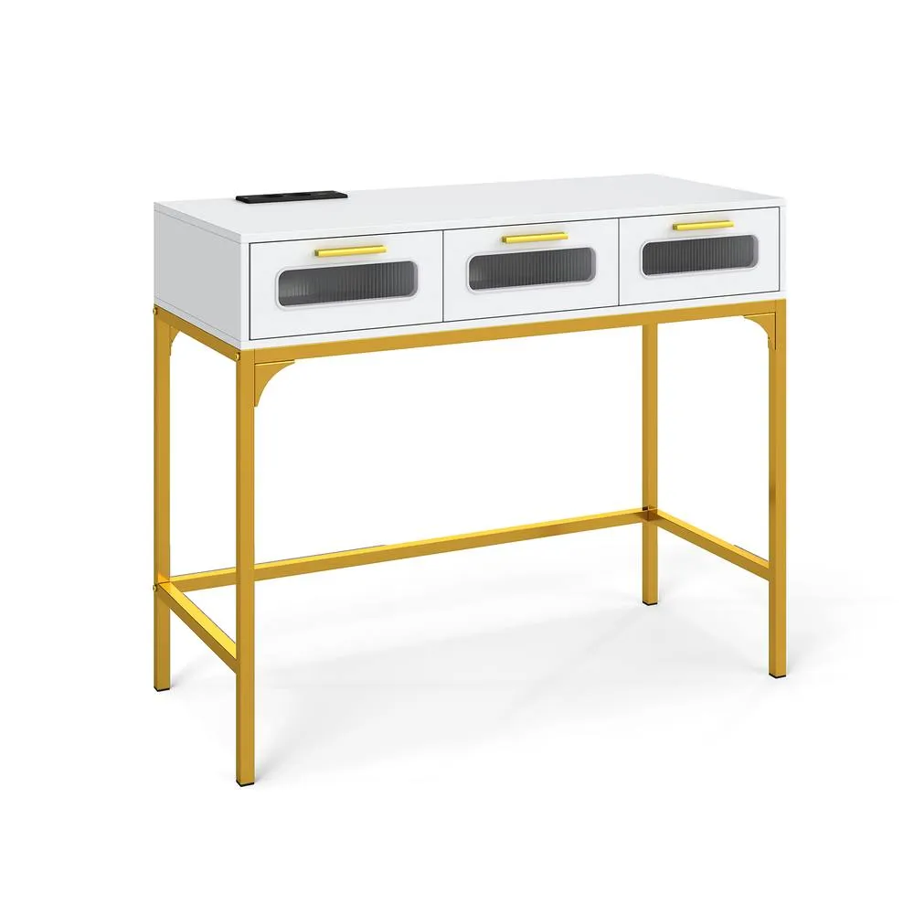 Costway Console Table w/ LED Lights & Charging Station 90cm Entryway Table in White