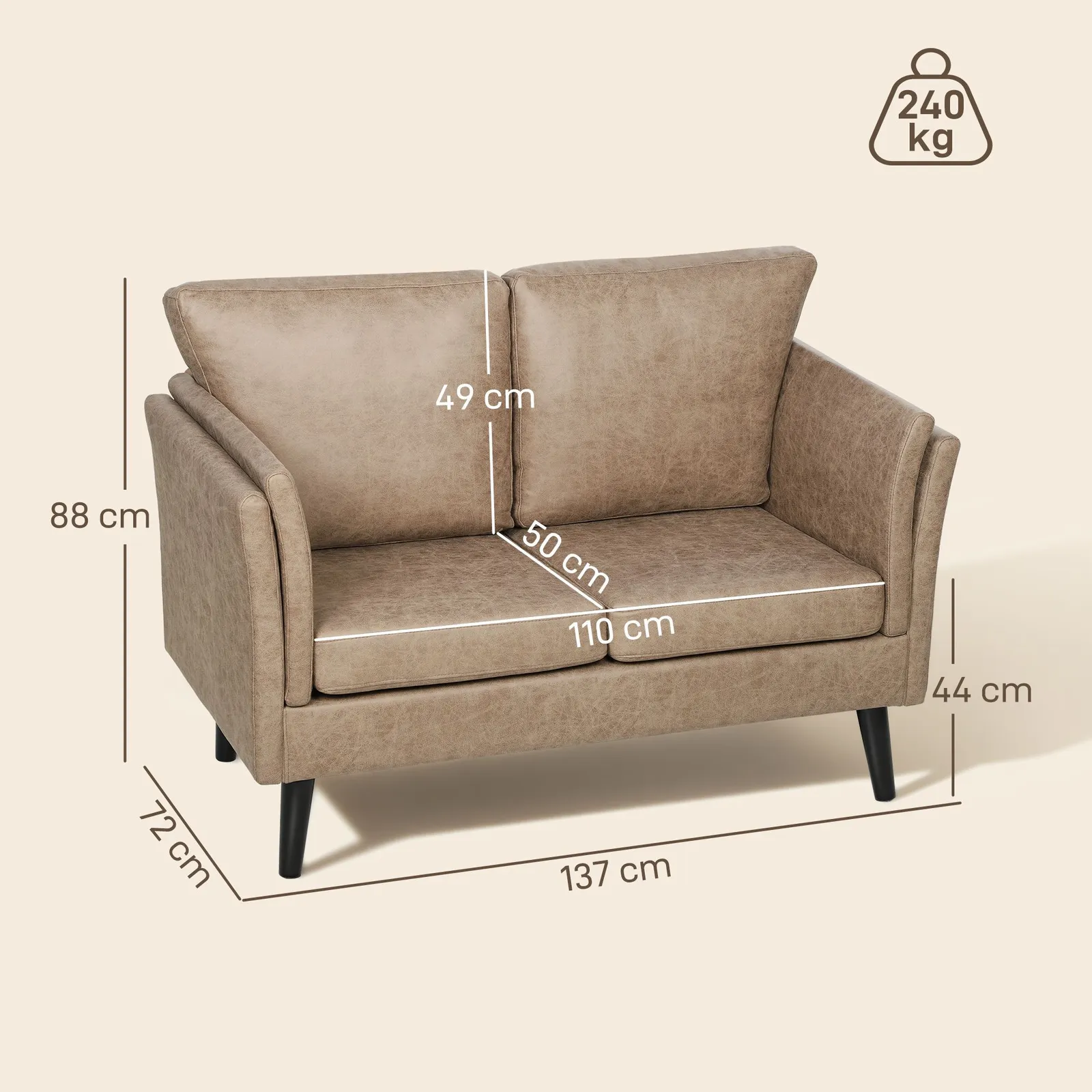 HOMCOM Small Sofa, Loveseat Sofa for Bedroom, Home Office in Light Brown 3