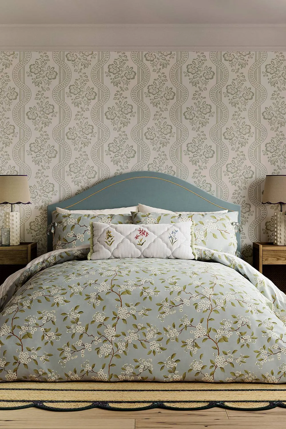 Sanderson 'Damson Blossom' Cotton Duvet Cover Set in Light Blue