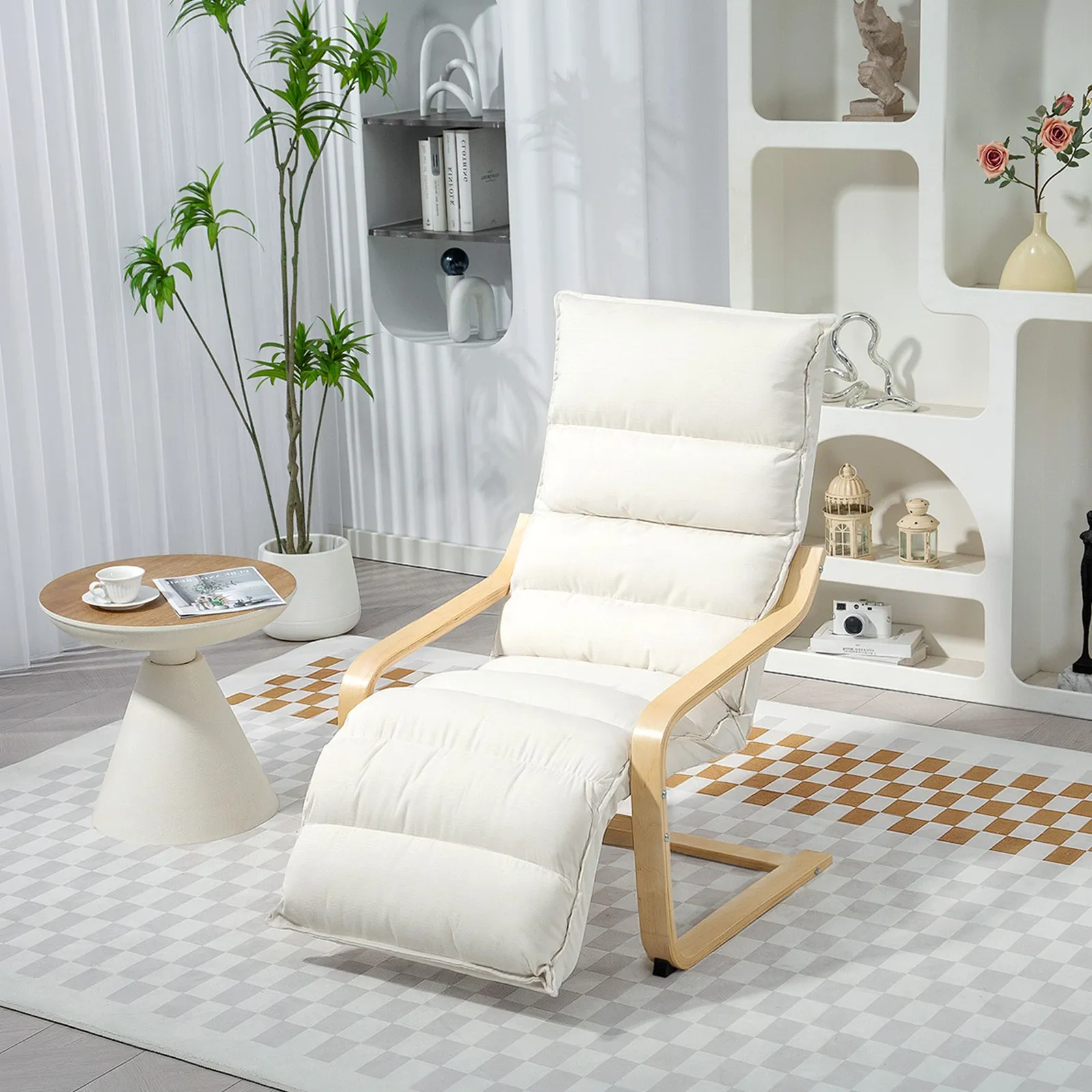 HOMCOM Birch Wood Lounge Chair for Living Room, Bedroom in Cream