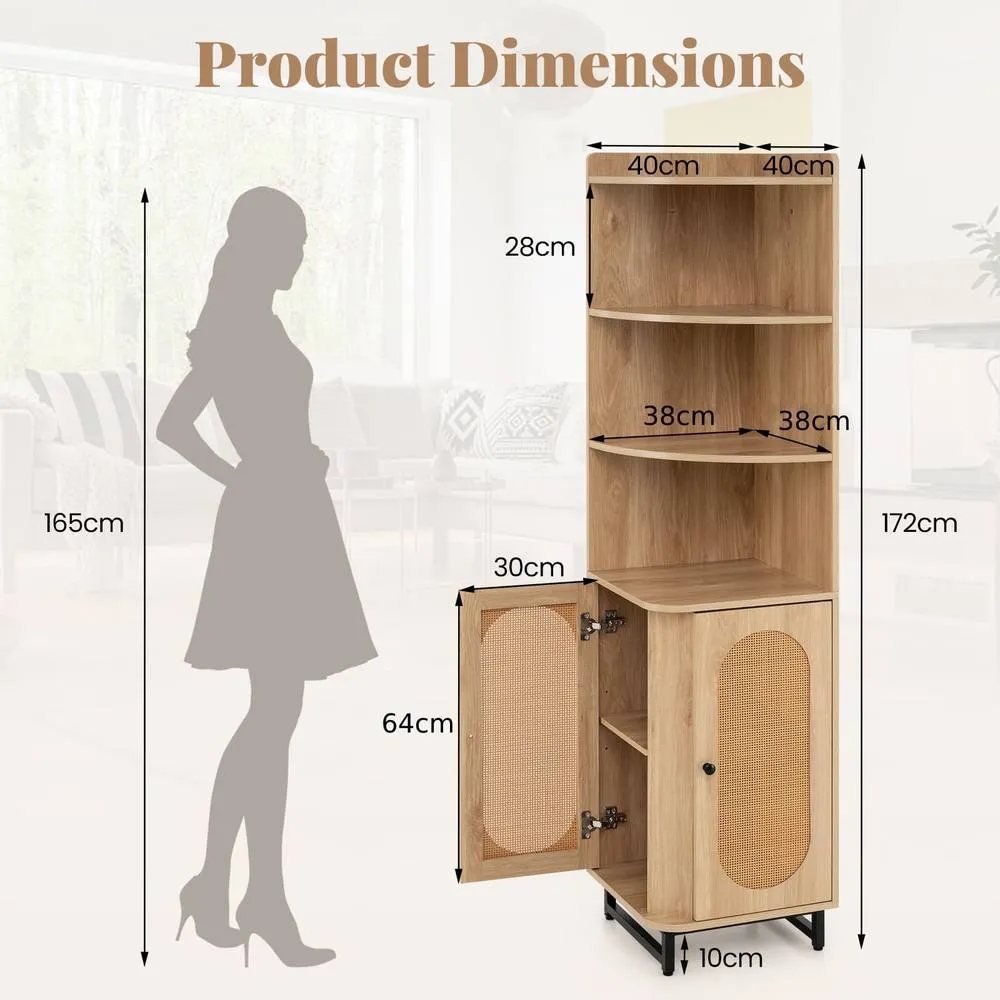Costway PE Rattan Corner Cabinet 172 cm Tall Corner Bookcase with 2 Doors in Natural 2