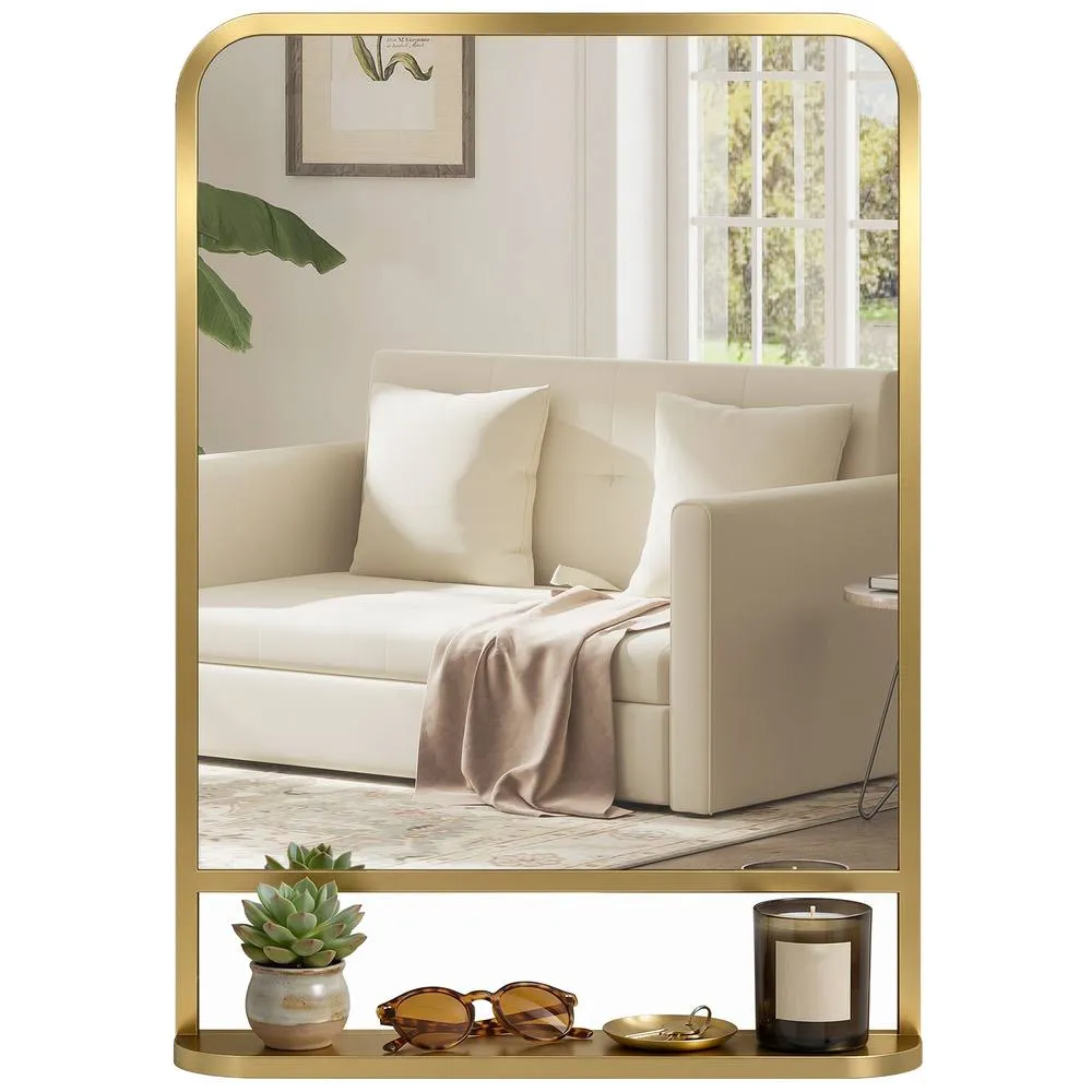 HOMCOM Rectangle Wall Mirror with Shelf 70 x 50 cm, for Living Room, Bedroom in Gold 2