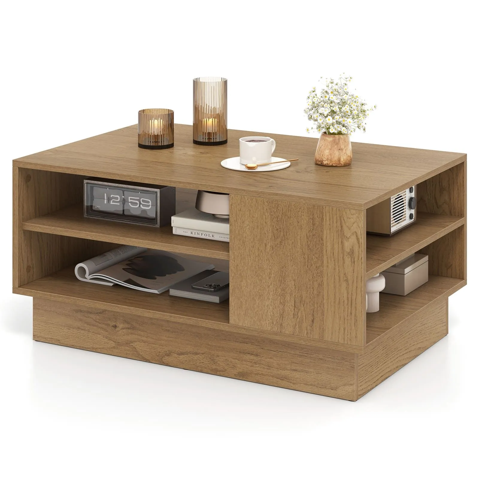 Costway Modern Coffee Table 86cm Long Rectangle Center Table w/ Shelves in Natural
