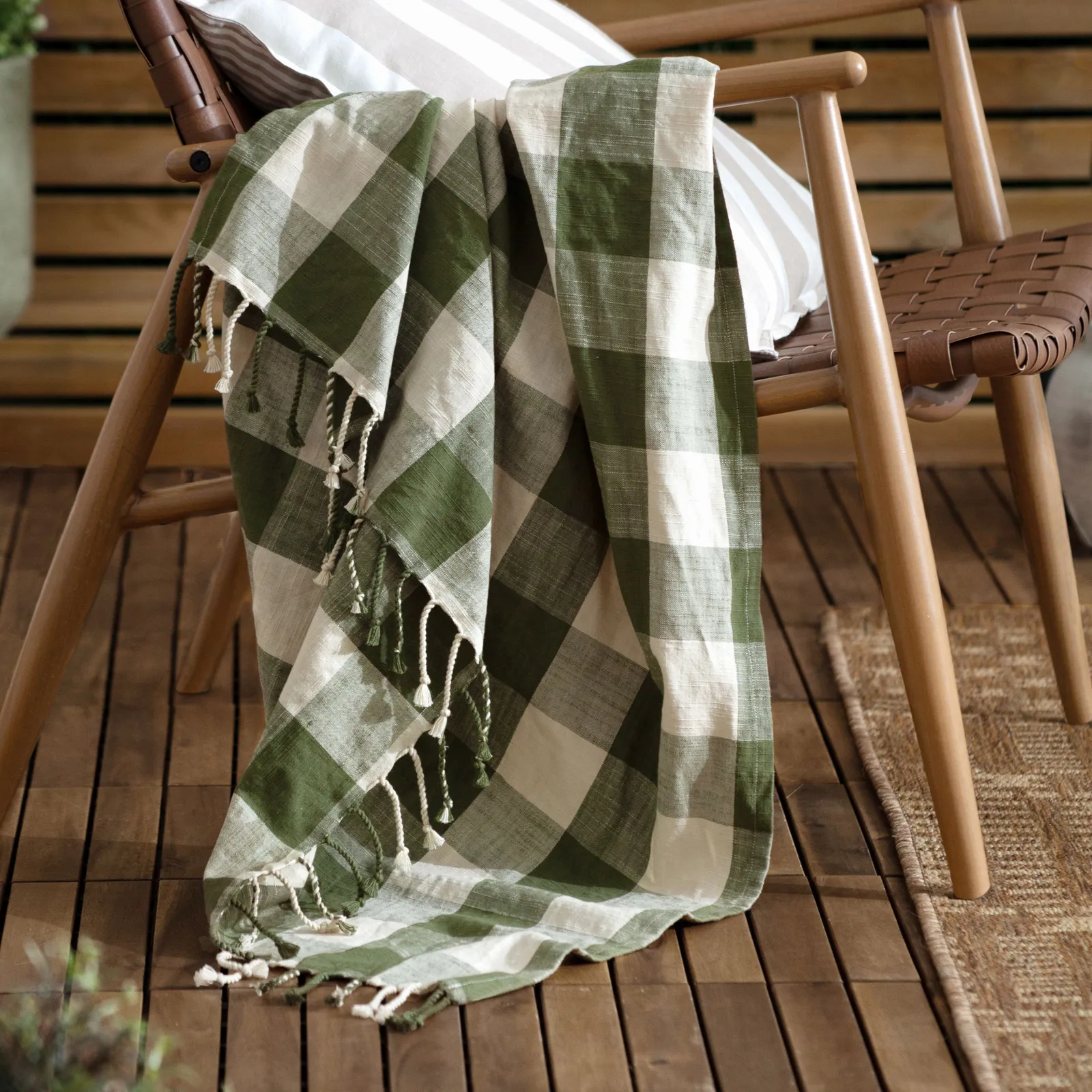 Yard Chesil Check Tasselled 100% Cotton Throw in Dark Green