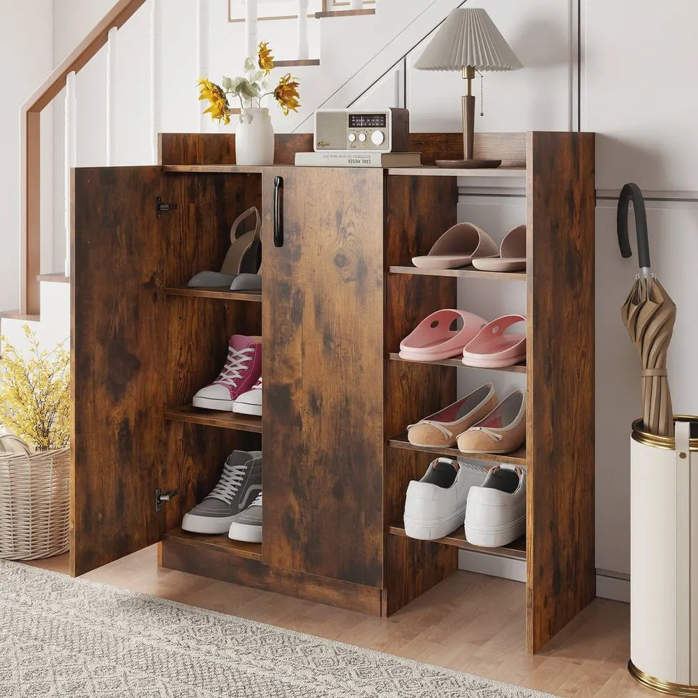 Costway Industrial Shoe Cabinet Shoe Wooden Storage Organizer w/4 Open Shelves in Brown 6