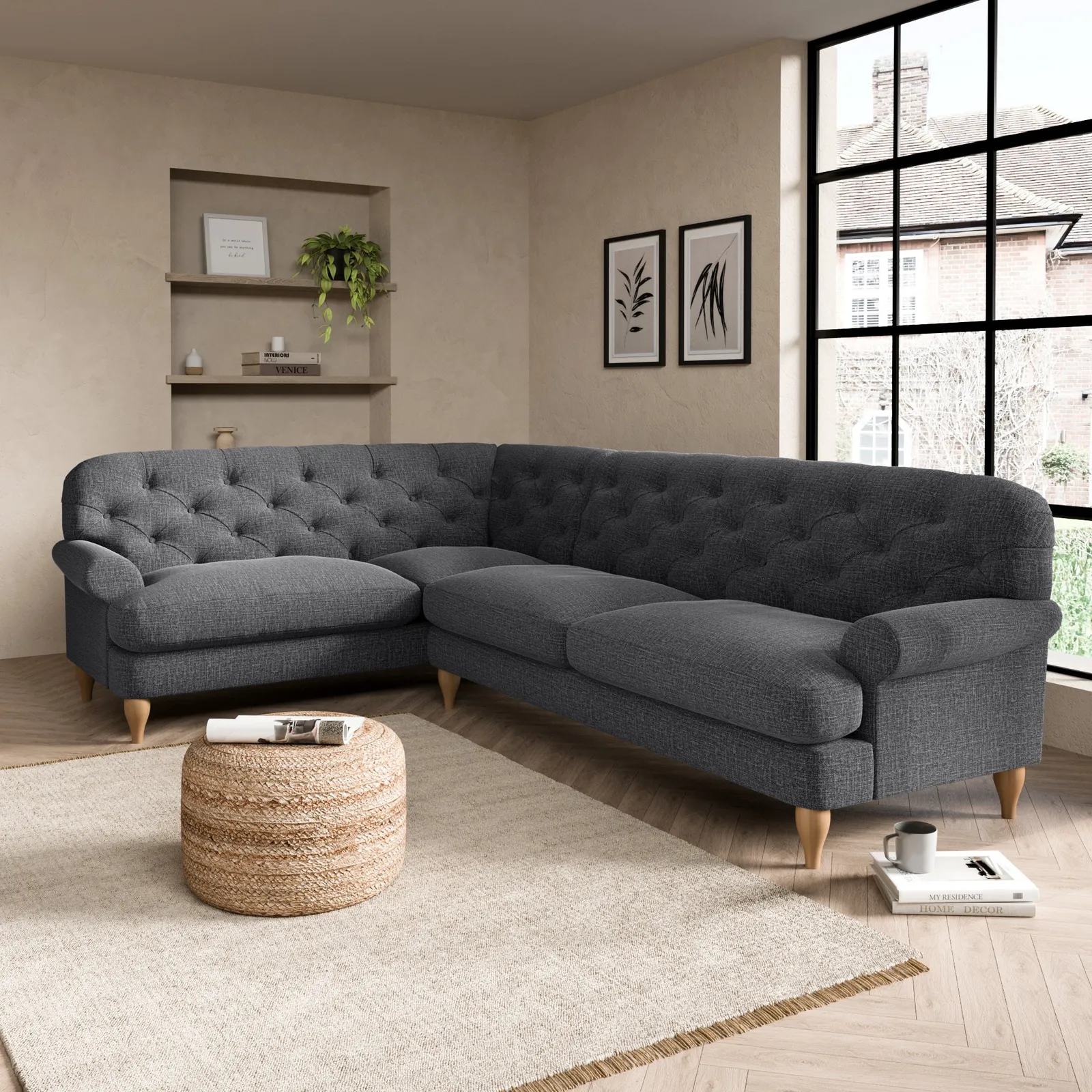 Canterbury Slub Cotton Blend Left Hand Corner Sofa Black