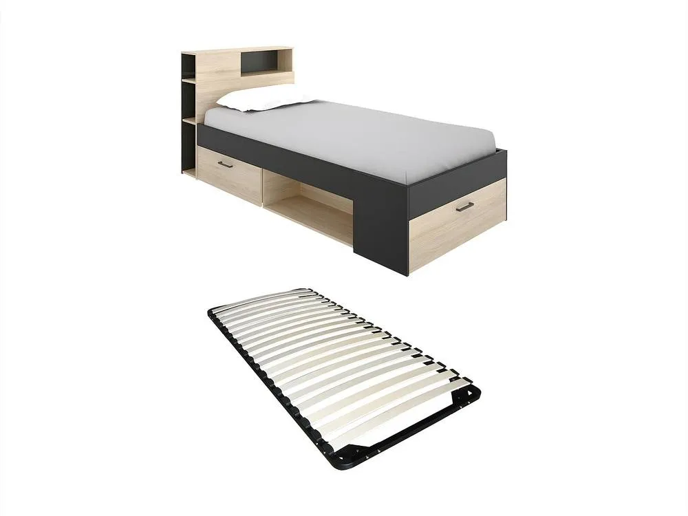 Vente-unique Bed With Headboard, Storage, Drawer & Bed Base - 90 X 190 Cm in Grey 2