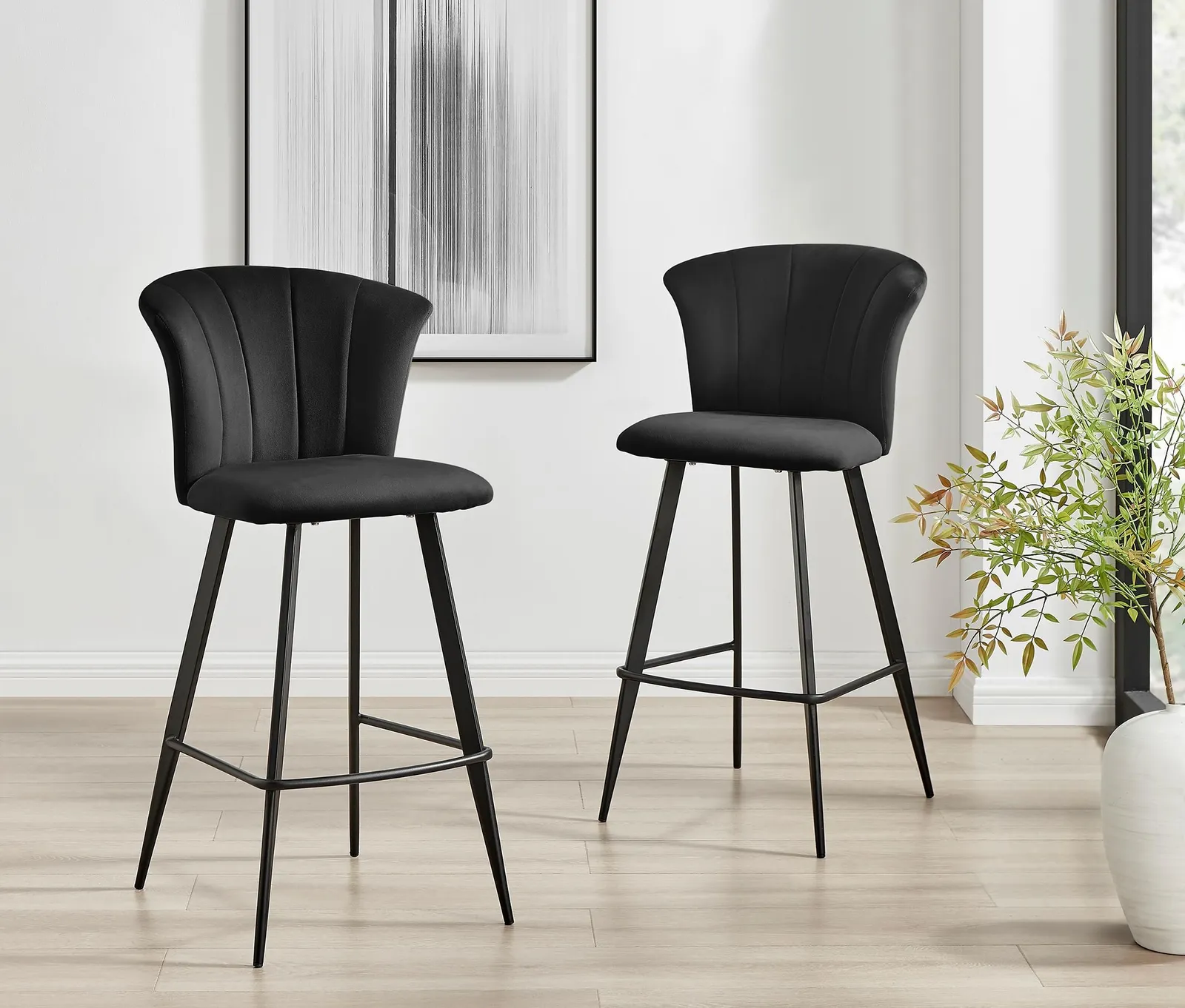 FurnitureboxUK Set of 2 Juniper Soft Touch Velvet Fluted Art Deco Counter Stools With Black Metal Legs 2