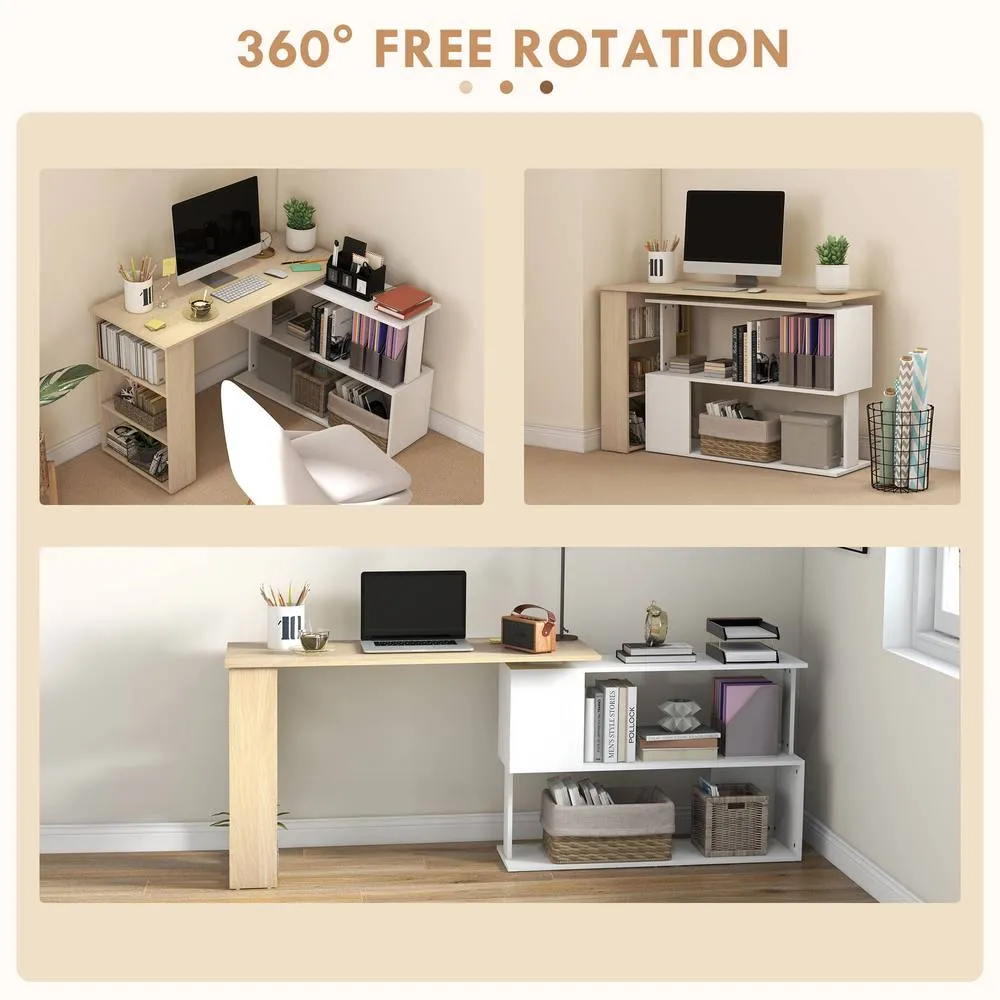 HOMCOM Corner Desk with Rotating Design & Bookshelf, Natural & White 6