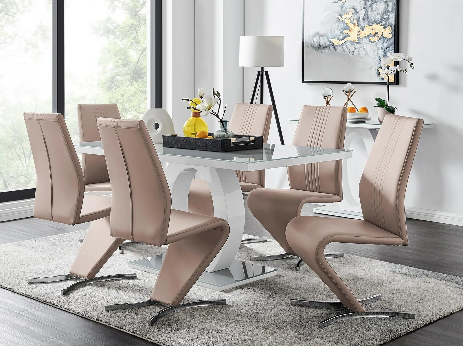 FurnitureboxUK Giovani 6-Seater Grey Glass Dining Table & 6 Willow Faux Leather Dining Chairs in Beige 1
