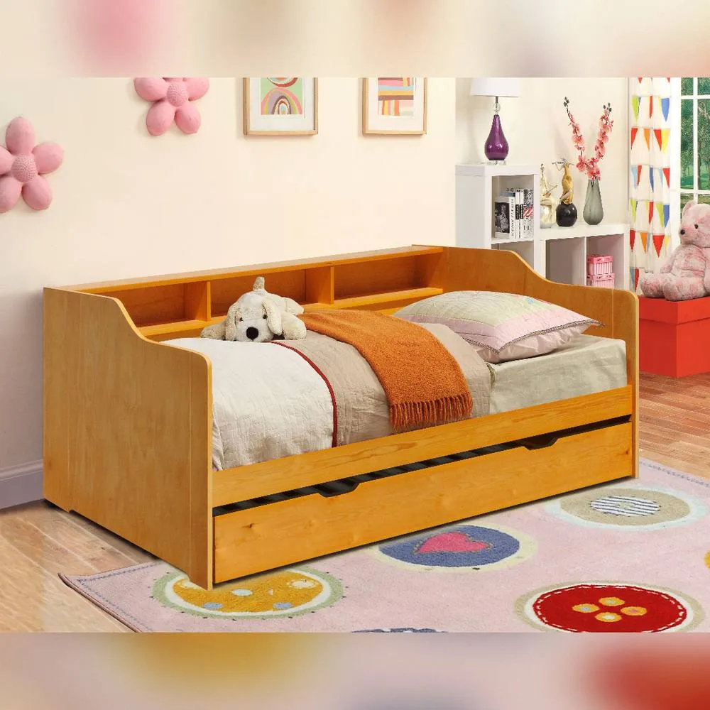 Comfy Living Ltd 3ft Wooden Bed With Shelving & Pull Out Trundle in Light Brown 2