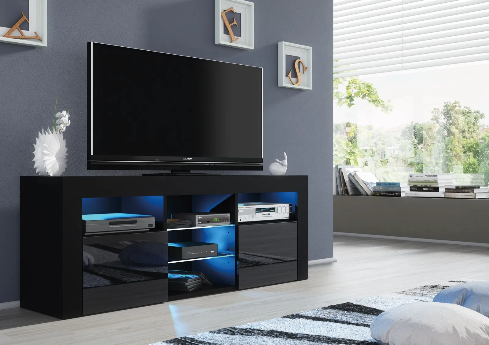 Creative Furniture Pulse TV Unit 145cm - A Stylish & Practical Cabinet with Gloss Doors & LED Lights in Black 4