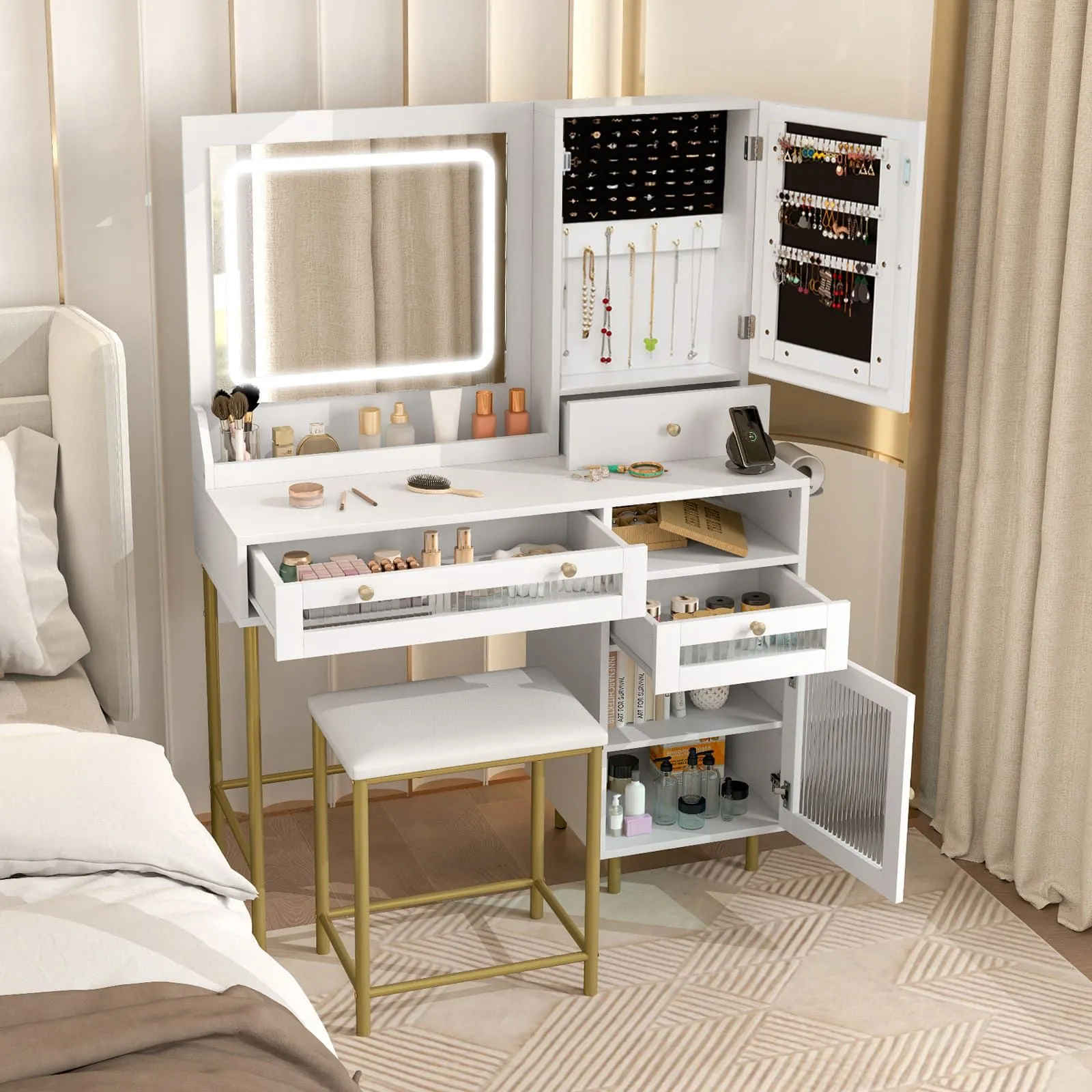 Costway Vanity Set Dressing Table & Chair Set w/3 Lighting Modes & Cabinet in White 4