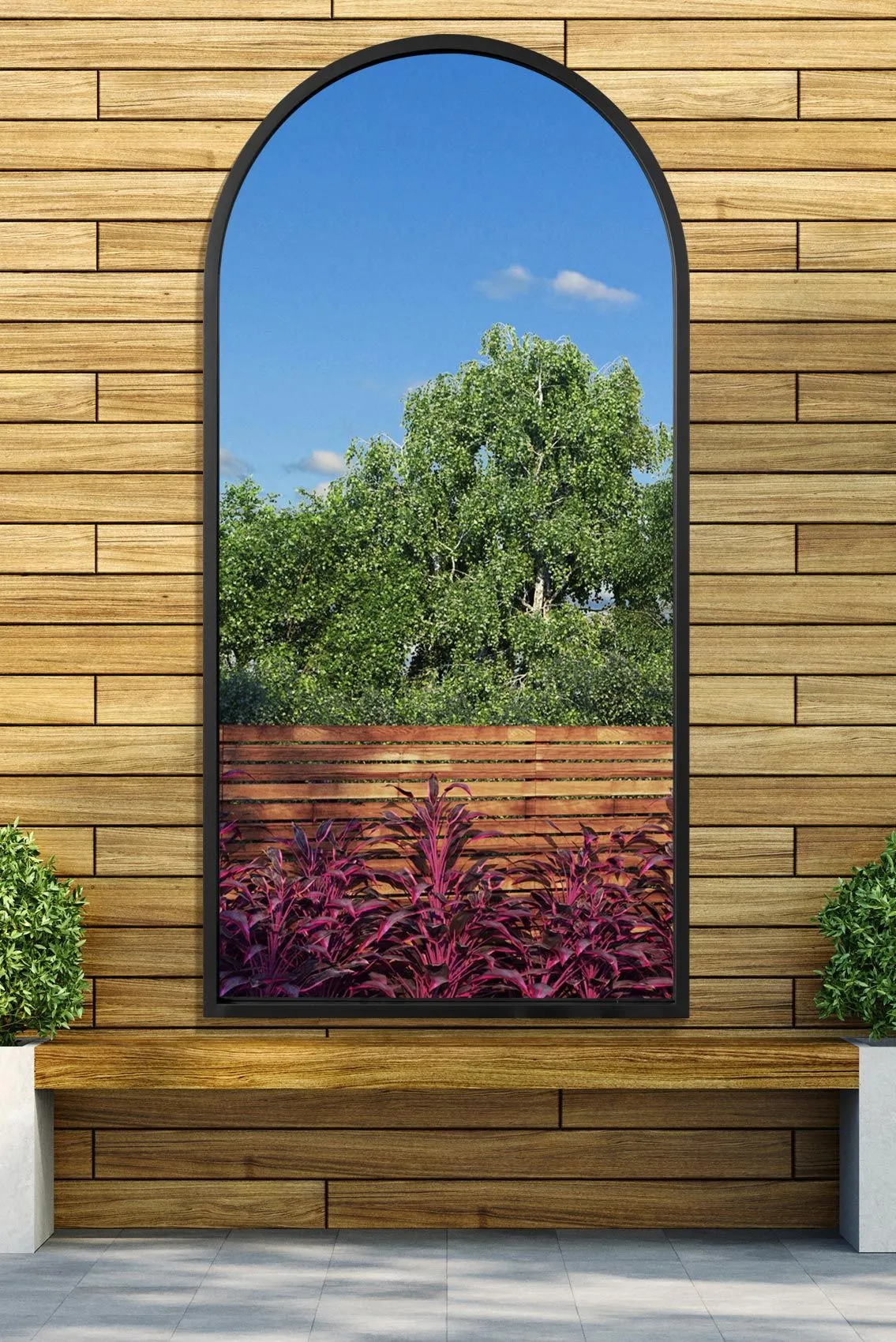 MirrorOutlet Black Metal Framed Arched Wall Garden Mirror 55" X 27.5" (140 X 70CM)