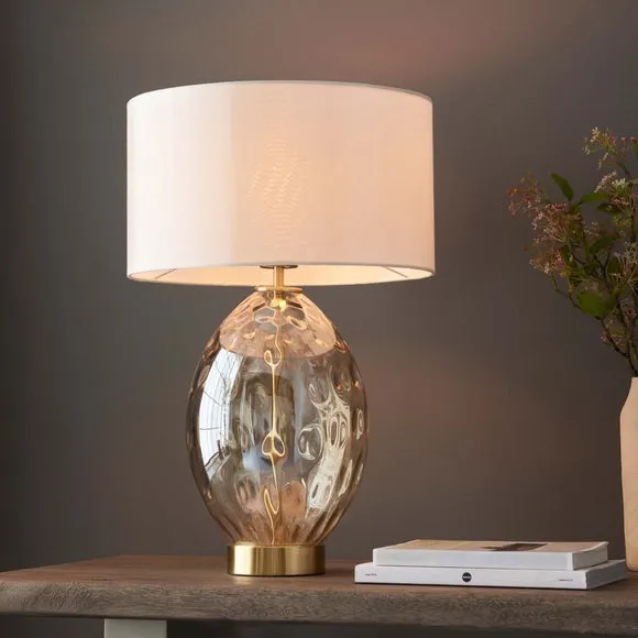 Endon Collection Elin Dimple Table Lamp With Round Shade Champagne Lustre Glass Satin Brass Plate With Vintage White Fabric 1X E27, Cream