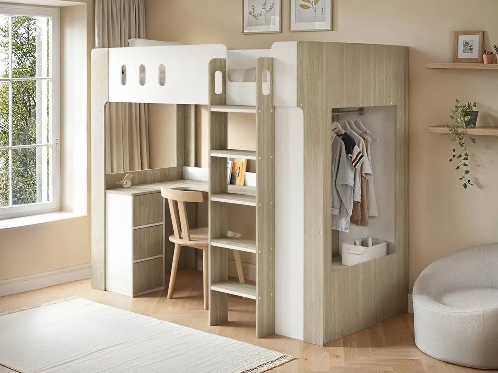 Flair Willow High Sleeper with Desk & Storage White & Oak 2