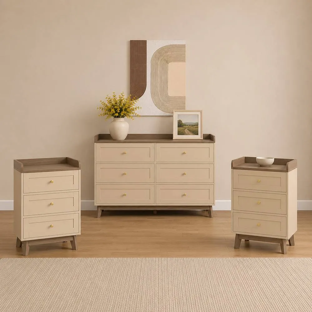 Melody Maison Chest of 6 Drawers & Pair Of 3 Drawer Bedside Tables - Oswin Range in Cream