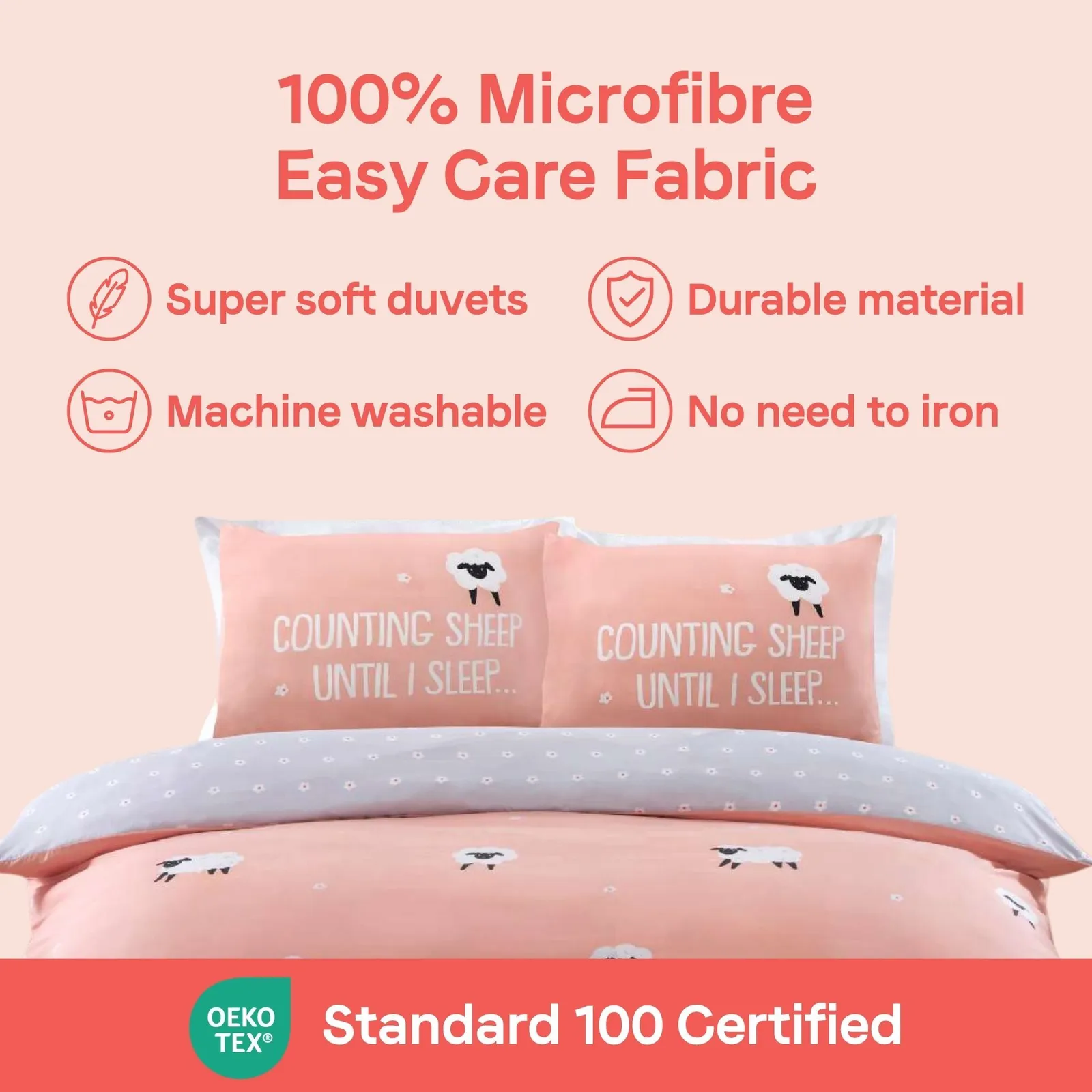 Rapport Home Counting Sheep Microfibre Duvet Cover Set Cover with Pillowcase in Dusty Pink 6