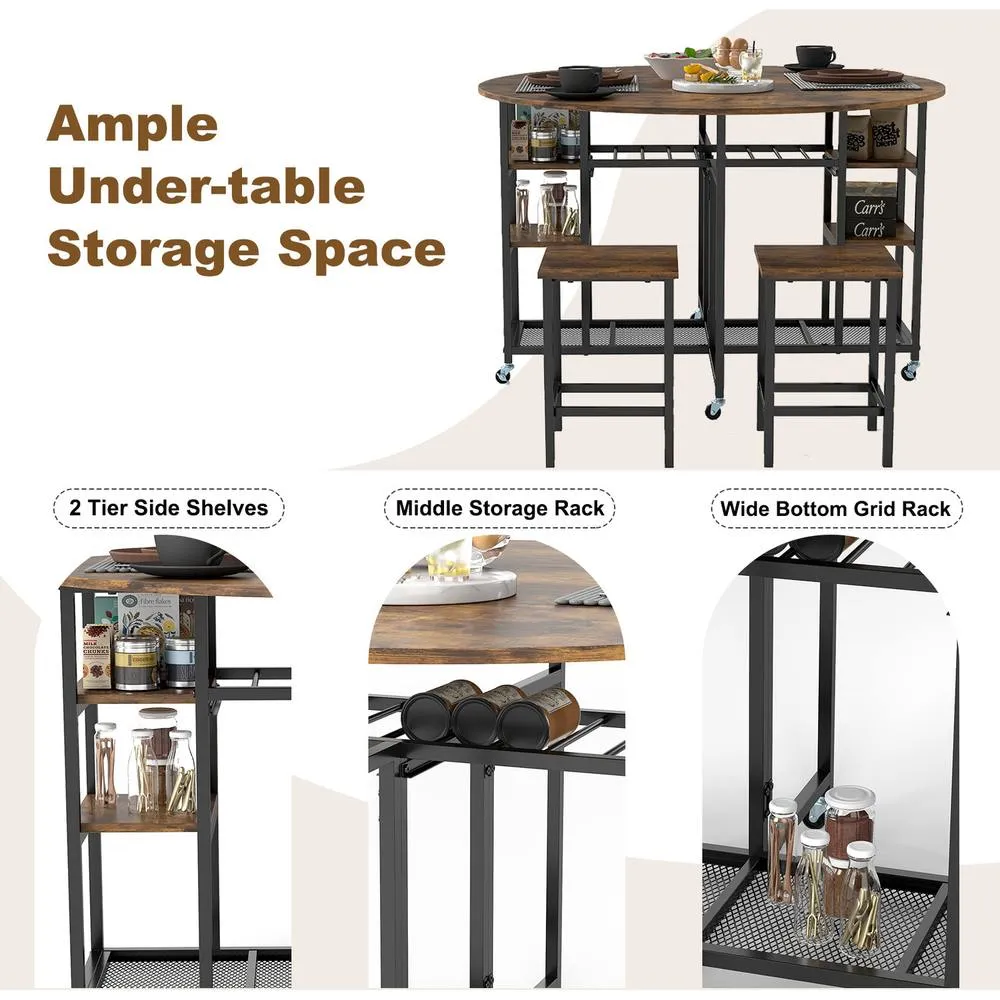 Costway 3-Piece Folding Dining Table Set Round Kitchen Table Set-Brown in Brown 4