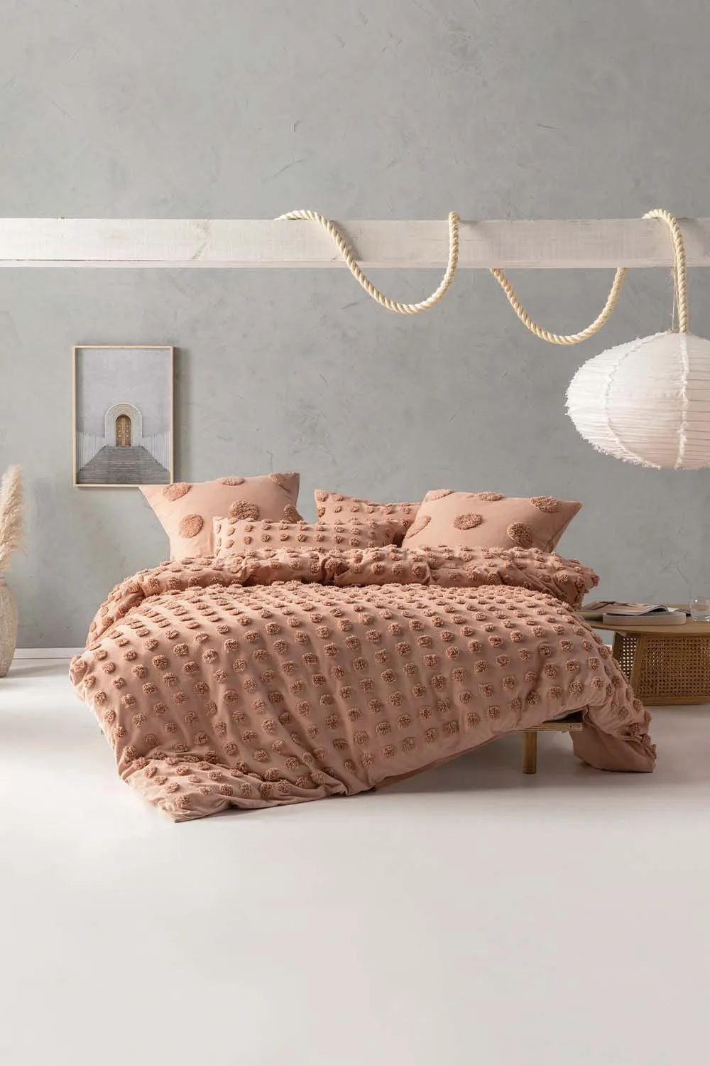 Linen House Haze Tufted Polka Dot Duvet Cover Set in Light Brown