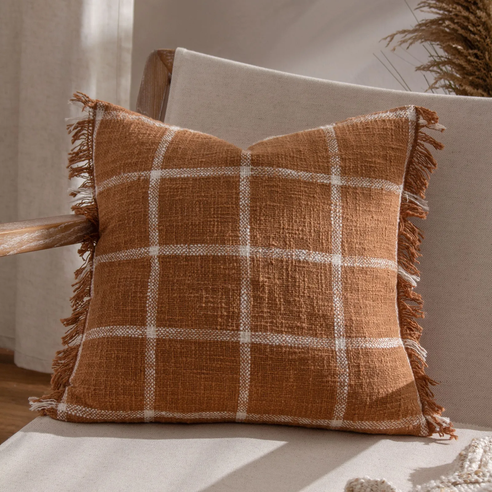 Yard Beni Check 100% Cotton Fringed Cushion in Burnt Orange 1