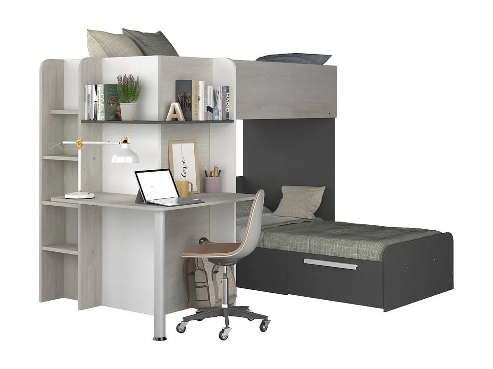 Vente-unique Corner Bunk Beds 2 X 90 X 190 Cm - With Desk - Grey, White & Black 6