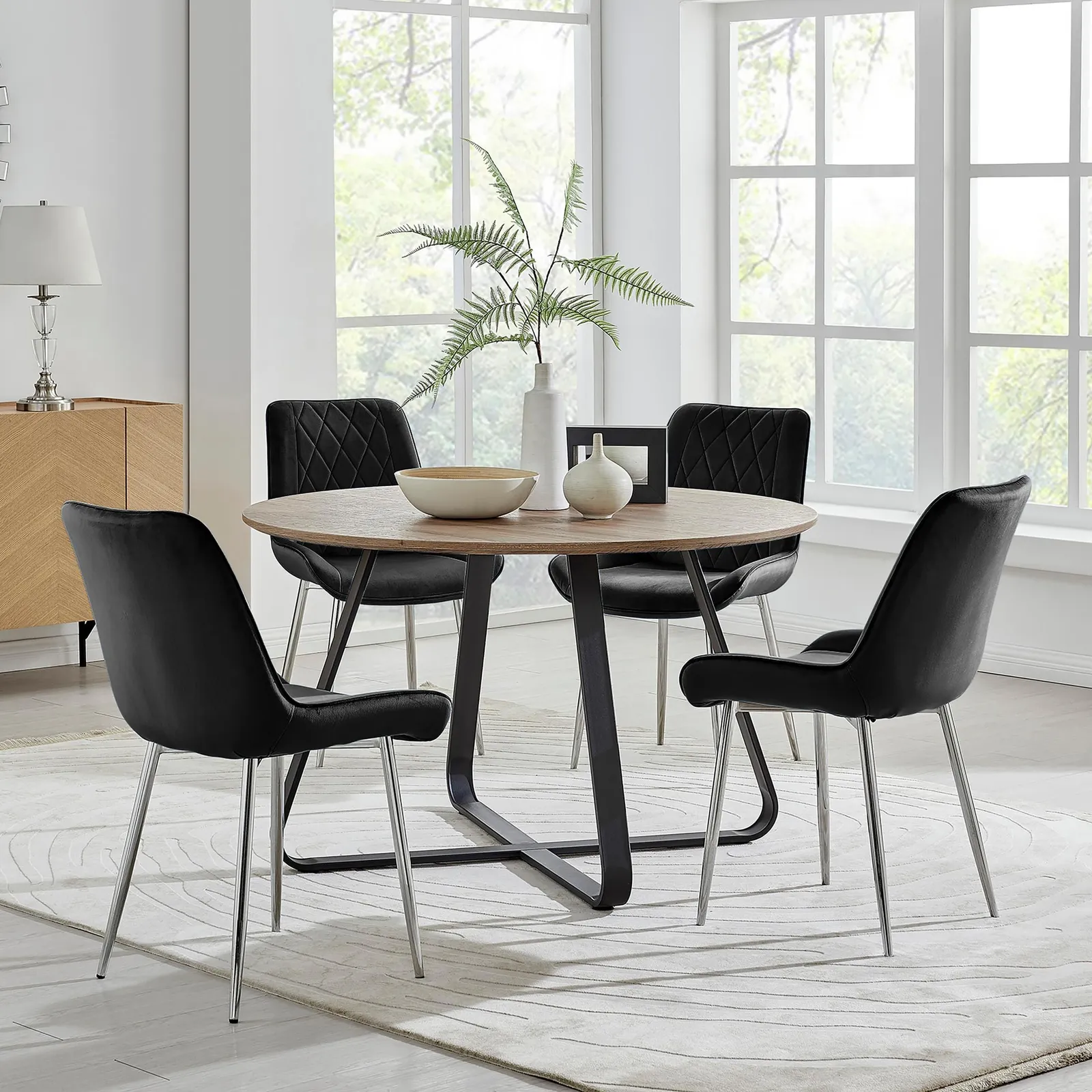 FurnitureboxUK Santorini Brown Round Dining Table & 4/6 Pesaro Silver Leg Chairs in Black 1