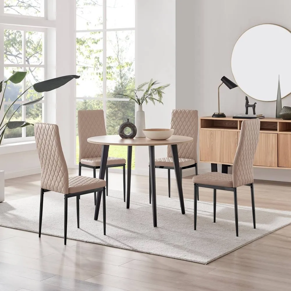 FurnitureboxUK Koko Oak Effect Round Table & 4 Cappuccino Milan Black Leg Chairs in Beige