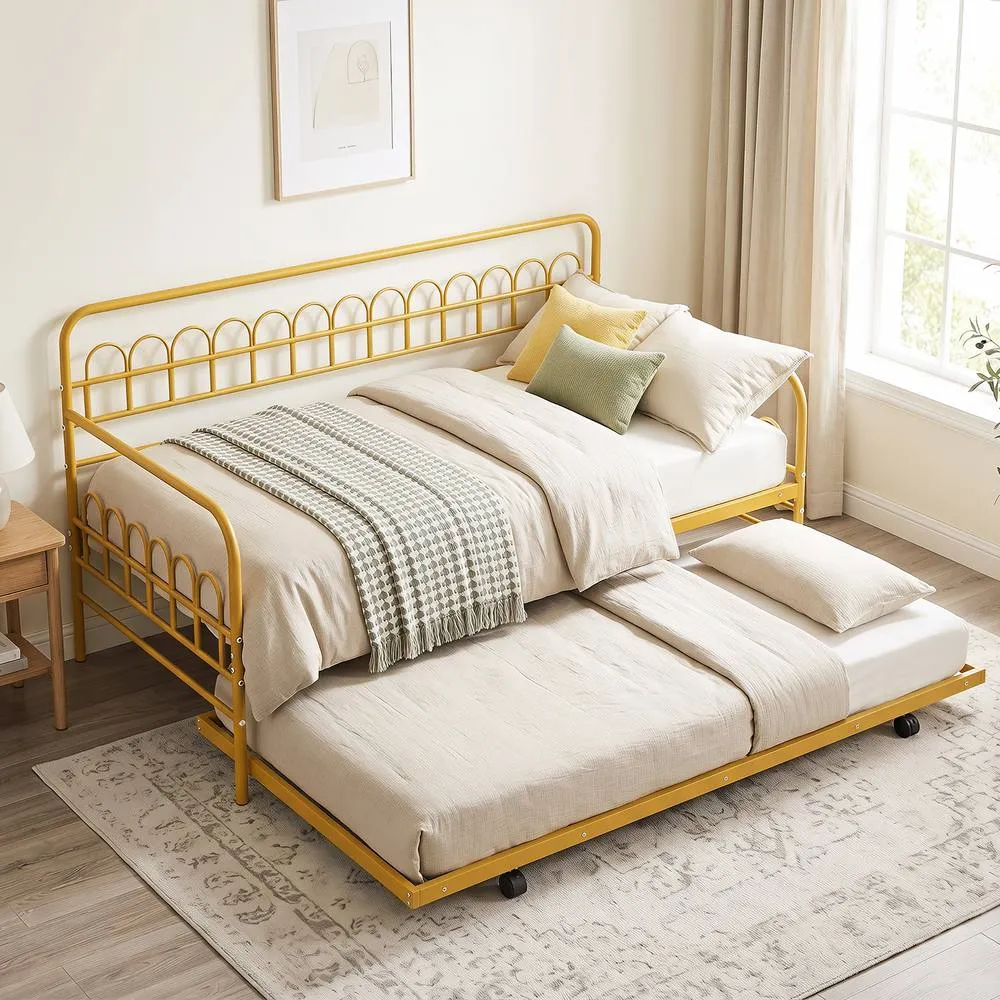 Costway Single Daybed with Trundle Metal Sofa Bed w/Curved Backrest in Gold 4