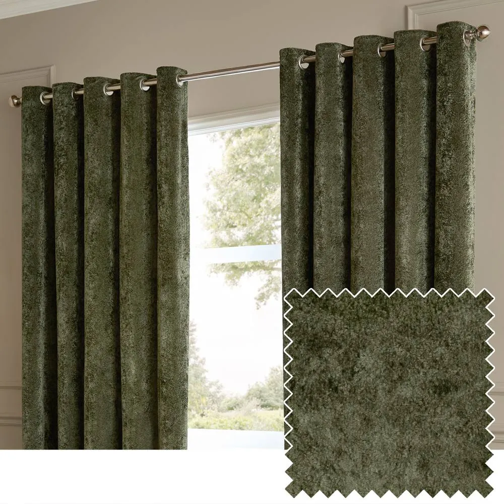 Paoletti Lustre Velvet Fully Lined Eyelet Curtain Pair in Green 1