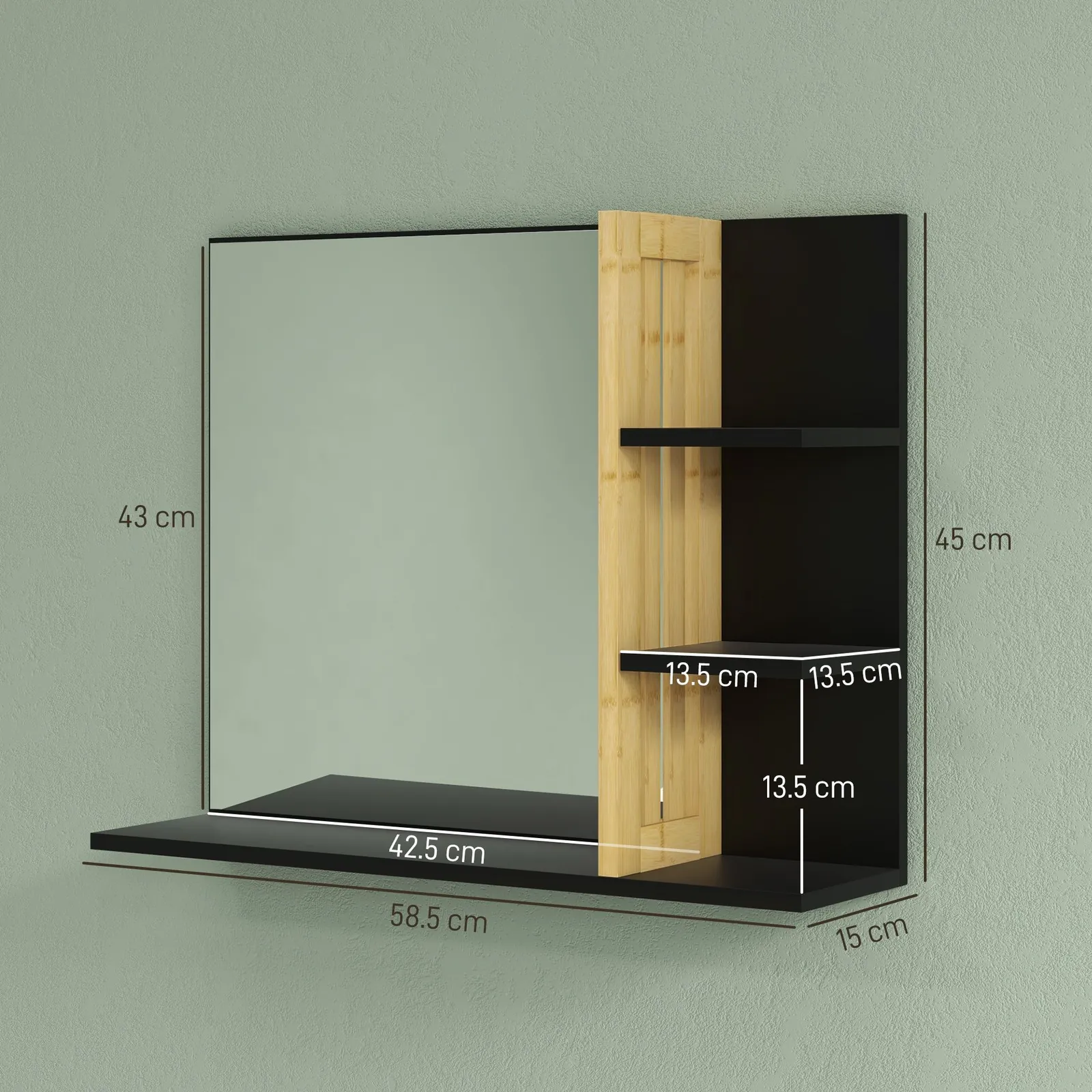 HOMCOM Modern Wall Mounted Bathroom Mirror with 4 Storage Open Shelves Black 3