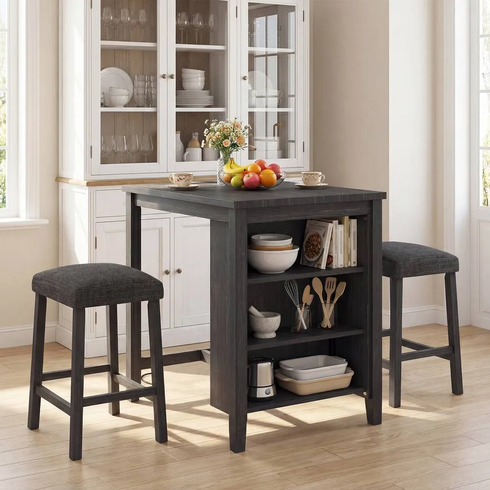 Costway 3PCS Bar Table Set Kitchen Dining Table w/ 2 Stools & Power Outlet in Black 5