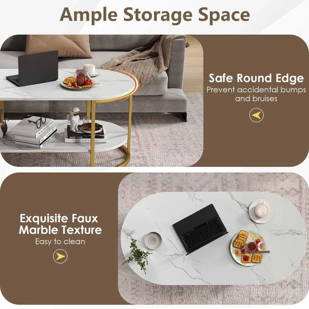 Costway Oval Coffee Table 2-Tier Living Room Center Table with Storage in White 4