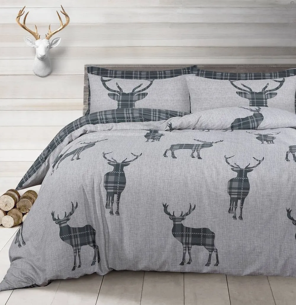 Velosso Stag Reversible Cotton Rich Printed Duvet Cover & Pillowcase Set in Grey